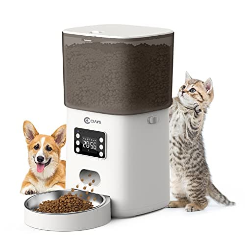 Ciays Automatic Cat Feeder, 6L, White, Plastic and Stainless Steel, Dispenses Up to 20 Portions, 6 Meals Per Day, with Distribution Alarms for Small to Medium Cats and Dogs