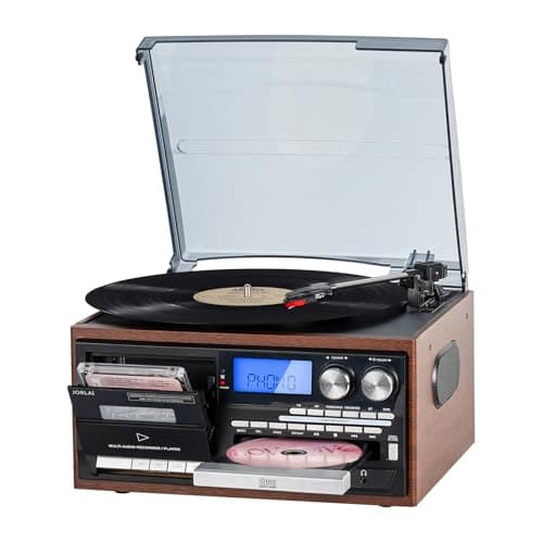 9-in-1 Bluetooth Record Player with Stereo Speakers, Vintage 3 Speed Turntable, AM FM Radio, CD Cassette Player, USB/SD Playback, Remote Control, Classic Vinyl Player for Home Entertainment & Gift Use