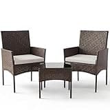 Sweetcrispy 3 Piece Patio Furniture Set, All-Weather Outdoor Conversation Set with Removable Cushions & Tempered Glass Table, Small Bistro Set for Balcony, Porch, Backyard, Deck, Brown