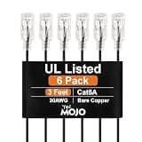 Tecmojo UL Listed Ultra-Slim Cat6a 3ft Ethernet Cable, 30AWG 100% Pure Copper, 10Gbps 500MHz Network Cable for Router, Modem, Xbox, Laptop, Servers, 6-Pack, Black