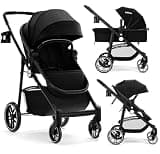 INFANS 2 in 1 Baby Stroller, High Landscape Infant Stroller & Reversible Bassinet Pram, Foldable Pushchair with Adjustable Canopy, Storage Basket, Cup Holder, Suspension Wheels (Black)
