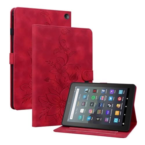 MonsDirect Case Fit for All-New Amazon Kindle Fire 7 Tablet 12th Generation 2022 Release Latest Model 7", Suede Leather Folio Stand Cover, with Pen Holder & Card Slots for Kindle Fire 7 Tablet, Red
