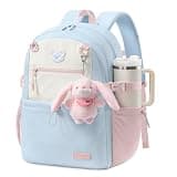 LOVEVOOK Backpack for Girls, Cute School Backpack with Bunny Charm & Large Cup Holder for Primary Elementary, Fits 15.6 Inch Laptop, Large Capacity Girls Bookbag,Sky Blue-Pink-Beige