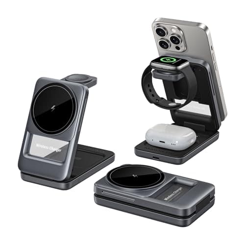 WalBryka 3-in-1 Magnetic Wireless Charging Station, Portable and Foldable Design, Compatible with for iPhone/Apple Watch/AirPods, Space Gray, Aluminum Alloy Material, Adjustable Stand