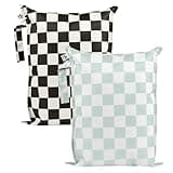Tiny Twinkle Mess Proof Wet Bags | 2-Pack Reusable Waterproof Wet Bags for Swimsuits | Baby Clothes | Travel & Diaper Bag (Black, Green Checkers)