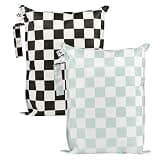 Tiny Twinkle Mess Proof Wet Bags | 2-Pack Reusable Waterproof Wet Bags for Swimsuits | Baby Clothes | Travel & Diaper Bag (Black, Green Checkers)