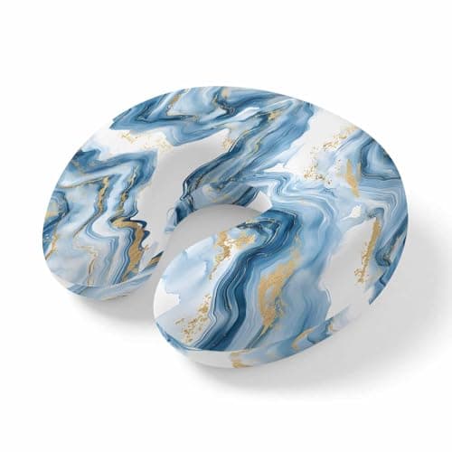 ZRNLTDGHK Neck Pillow Modern Blue Gold Marble Stone Travel Pillow Memory Foam U Shaped Pillows, Abstract Liquid Texture Travel Neck Pillows for Airplane Car Office Home Sleeping Rest