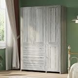 VOWNER Armoire Wardrobe Closet with Drawers and Mirror, 71" Clothing Storage Cabinet with Hanging Rod, 4 Doors Wooden Wardrobe Cabinet for Bedroom, Large Capacity Storage (1, Gray Oak)