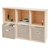 XIJIE Entryway Storage Bench for Kids Room, Nursery, Playroom, 6-Cube Wooden Organizer Shelf with 3 Fabric Bins, Free Standing Toy Closet Bookcase, Solid Wood, Beige and Wood Tone, Modern Cubby Unit
