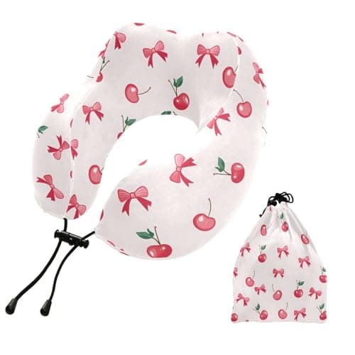 ZOEO Travel Pillow for Neck Head, Cherry Bow Pink Pattern Memory Foam Padding Sleeping Airplane Trains Cars Camping Office