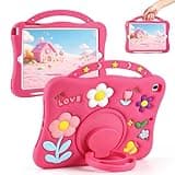 SAMONPOW for iPad 6th/5th Generation Case 2018/2017 iPad Air 2 Case for Kids Girls Cute Flower Soft Silicone Cover iPad Pro 9.7 inch Case with 360° Rotating Stand Handle Pencil Holder, Hot Pink