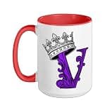 Purple Color Letter V Initial + Crown Purple Graphic Ceramic Mug, Red/White, 15oz