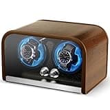 Clewcks Watch Winder for Automatic Watches, Watch Winders Box for Rolex,Double Japanese Silent Motor, 4 Rotation Mode Setting, Blue Light, Plug-in or 2 * AA Batteries (not included), Gift for man