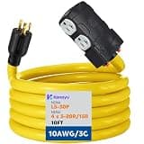 Kanayu 10ft 30 to 20 Amp 110V Generator Distribution Adapter Cord NEMA L5-30P to 4X 5-20R/15R with 20A Circuit Breaker, Heavy Duty 10AWG Pure Copper Power Splitter, ETL Listed