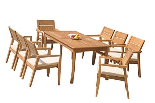WholesaleTeakFurniture Grade-A Teak Wood 8 Seater 9 Pc Dining Set: 60" Rectangle Table and 8 Vellore Stacking Arm Chairs #21VL1309