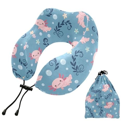 Burbuja Axolotl Neck Pillow for Traveling, Memory Foam Travel Pillow for Sleeping Airplane Car Head Support, Machine Washable & Portable