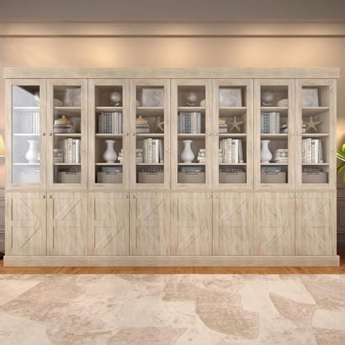 Lynsunix 71" Tall Farmhouse Bookshelves with Glass Doors, Large Modular Bookcase with Adjustable Shelves, Storage Cabinet for Living Room, Home Office, Study Room, Brown, 4pcs