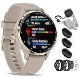 Garmin Venu 3S Health Fitness GPS Smartwatch Gold Steel Bezel with French Gray Case 41mm 010-02785-02 Bundle with Nylon Elastic Bands 18mm 3 Pack, Charging Dock and Silicone Dust Cover 3 Pack