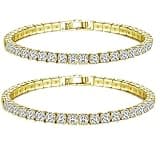 GlamSavvyFZ 2PCS Golden Classic Tennis Bracelet, Sparkling Cubic Zirconia Bracelet with Secure Box Clasp, Elegant Stackable Silver Bracelet for Wedding, Party & Daily Wear