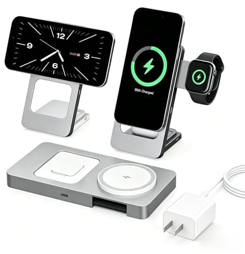 3 in 1 Foldable Magnetic Wireless Charging Station, 15W Fast Wireless Charger Stand, Aluminum Alloy, Compatible with iPhone 17/16/15/14/13/12, Apple Watch, AirPods Pro/4/3/2(Includes Adapter) (Silver)