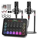 Podcast Equipment Bundle for 2, RGB Audio Interface with XLR Condenser Microphone, and 3.5mm Mic, Mute,48V Phantom Power for Streaming,Gaming,Recording-Black (H1)