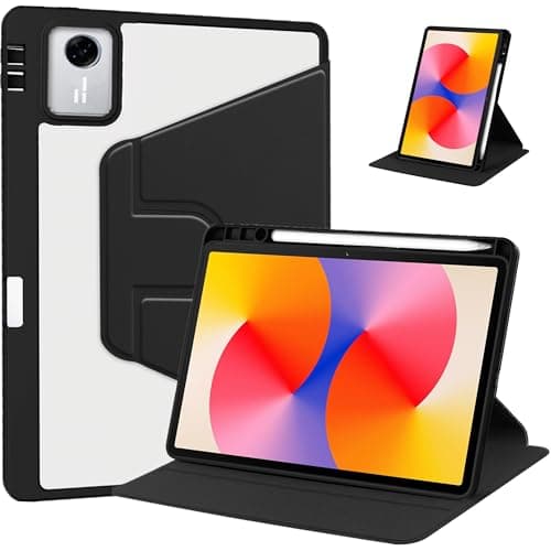 360 Degree Rotating Case for Lenovo Idea Tab 11-inch 2025, Slim Protective Cover with Transparent Acrylic Back and PU Leather Stand, Shockproof Four-Corner Airbag Protection (Black)