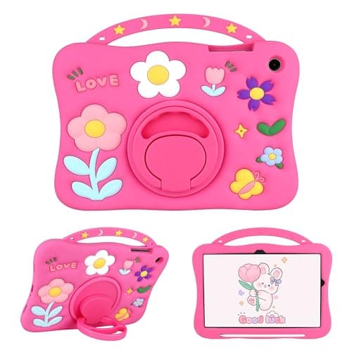 VOFUOE for Samsung Galaxy Tab A11 Plus Case 2025, Galaxy Tab A9 Plus Case 2023 for Kids Girls with Handle 360 ° Rotating Stand Rainbow Flowers Soft Silicone Tablet Cover-Hot Pink