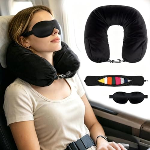 Multi-Functional Reusable Travel Neck Pillow, Portable Stuffable U-Shaped Clothing Pillow with 2 Adjustable Necks & 1Eye Mask, Airplane Filling Pillow, Stuffable Sleeping Rest Cushion for Air Travel