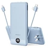 VEGER Portable Charger Power Bank with Built-in AC Plug and Cables, All in One 10000mAh Ultra Slim Travel Essentials, Fast Charging Battery Pack Compatible with iPhone, Samsung, Android (Blue)