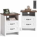 Marsail Farmhouse Nightstand Set of 2, Wood Bedside Table with Charging Station, Night Stand with Shelf and Drawers, End Table with Storage Side Table for Bedroom, Brown and White