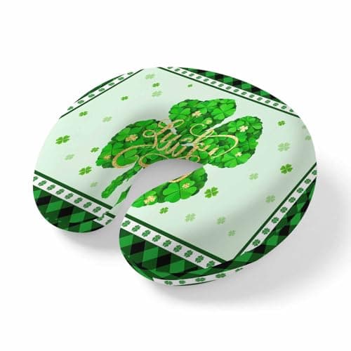 ZFUNCING Travel Pillows U-Shaped Neck Pillow Irish St. Patrick's Day Lucky Leaf Ergonomic Memory Foam Pillow Head Cushion,Green Black Lattice Soft Portable Neck Pillows for Office Airplane Car Train