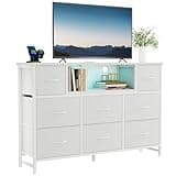 DUMOS TV Stand Dresser with 8 Fabric Drawers and Open Shelves, LED Entertainment Center with Charging Station, Wood Top Media Console for 45-55 inch, Bedroom, White