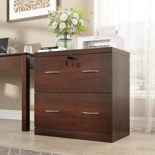 BONITURE 2-Drawer Wood File Cabinet with Lock, Lateral Filing Cabinet for Printer Stand, Home Office File Storage Cabinets for Letter/Legal/A4 Size File Folders, Walnut