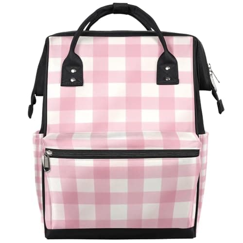 Hsnar Gingham Pink Waterproof Diaper Bag Backpack Large Capacity Baby Bag with Stroller Straps, Multi-Pocket Diaper Bag Unisex Baby Travel Essentials Shower Gift