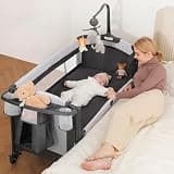 ELEMARA 4 in 1 Baby Bassinet Bedside Crib with Diaper Changer, Mattress, 1-Second Set up Bedside Bassinet with 3 Adjustable Height, Portable Crib with Storage/Toy Bar/Zip Door