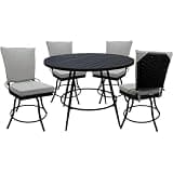 Pemberly Row 5-Piece Patio Dining Set, 42 in Round Table, Black Powder Coated Aluminum Frame, White Linen Cushions, Swivel Chairs with Removable and Machine Washable Pads, Outdoor or Indoor Use