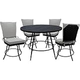 Pemberly Row 5-Piece Patio Dining Set, 42 in Round Table, Black Powder Coated Aluminum Frame, White Linen Cushions, Swivel Chairs with Removable and Machine Washable Pads, Outdoor or Indoor Use
