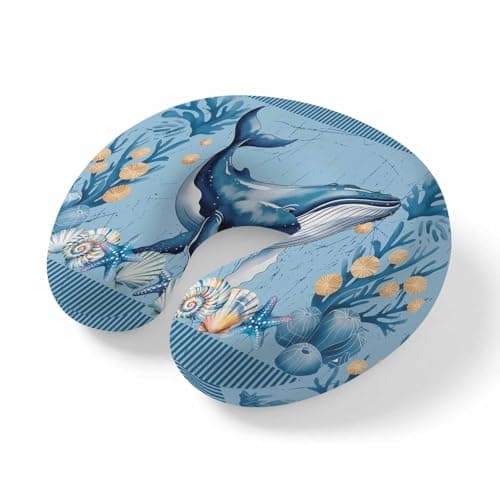 Yaiikkvbaa Coastal Whale Neck Pillow Memory Foam U Shaped Travel Pillow, Blue Nautical Ocean Conch Starfish Shells Neck Support Pillows Decorative Headrest Cushion for Airplane Sleeping Car Office