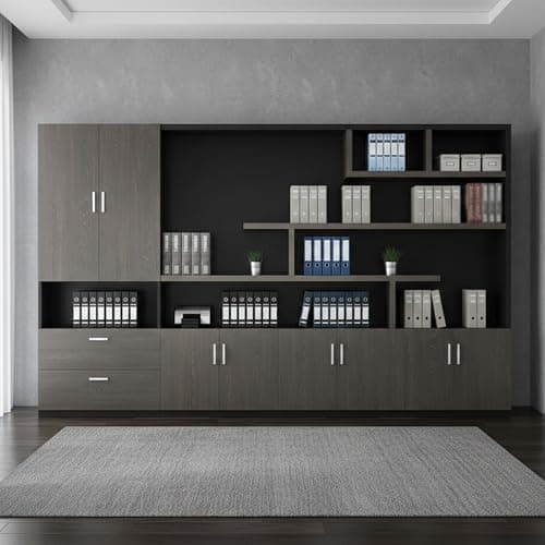 Fvergnsang Executive Wall Unit, Large Executive File Cabinets and Bookcase with Doors and Shelves, Modern Office Storage Cabinet & Shelving Unit for Home Office or Corporate (Dark Oak, 126×16×79in)