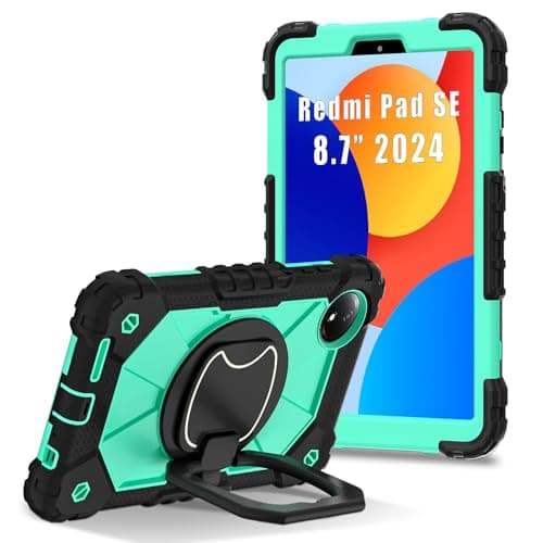 FONREST Rugged Case for Xiaomi Redmi Pad SE 8.7'' 2024 with Rotating Hanging Ring Handle Swivel Kickstand, Heavy Duty Shock-Proof Armor Cover with Shoulder Strap (Black+Mint)