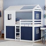 Twin Size Bunk Wood House Bed with Tent, Blue+White