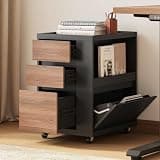 Mobile File Cabinet Under Desk, 3-Drawer Office Storage Cabinet with Locking Wheels, Wood Printer Stand w/ Unique Side Shelf for Binders, Large Capacity Organizer for Home Office, Art Studio