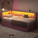 Peanu Twin Bed Frame, USB Ports, LED Lighting, Pink Upholstered
