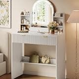 White Vanity Desk with Mirror and Lights , 30.3-inch-wide3 Lighting Modes Makeup Desk with 2 Drawers, and Multi Open Storage Shelves, Dressing Table Vanity Set with Lighted Mirror for Apartment