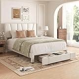 viplov Queen Bed Frame with Storage Drawers, Upholstered Queen Size Platform Bed with 47" Tall Headboard and Wingboard, No Box Spring Needed, Noise Free, Easy Assembly, Wooden Support Slats, Beige
