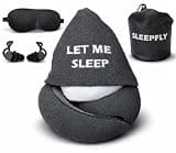 SleepFly Travel Pillow with Hood LET ME Sleep – 3-in-1 Travel Sleep Kit with Neck Pillow, Blackout Sleep Mask & Reusable Earplugs – Ergonomic Memory Foam