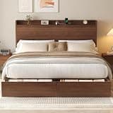 Wooden King Size Bed Frame with Storage Headboard & 2 Drawers, Mid-Century Modern Bed Frame with Charging Station & Shlef, Sturdy Platform Bed Frame, No Box Spring Needed (King (U.S. Standard))