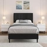 Lullabyre Twin Bed Frame with Adjustable Upholstered Headboard, Linen Fabric Platform Bed with Heavy Duty Wood Slats, Noise-Free, No Box Spring Needed, Easy Assembly, Black