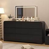 SOLACE FURNITURE Vanity Cabinet with LED Light Mirror, 9 Large Storage Drawers, Vanity Combo with Mirror, Wood Bedroom Make Up Dressing Table w/3 Color Available Light, Black