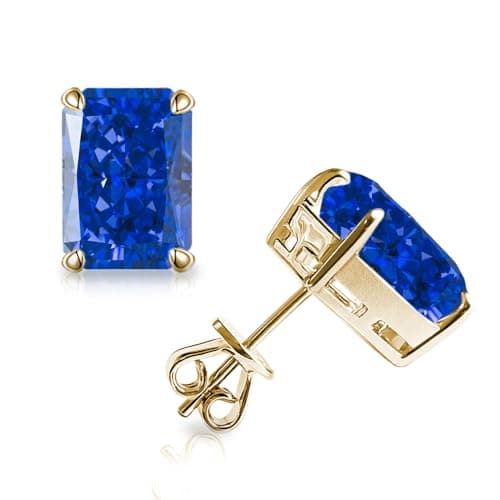London Blue Rectangle Ice Cut CZ Stud Earrings for Men Women – 925 Sterling Silver Sparkling Earrings with Jewelry Box, Pouch & Polishing Cloth – Birthday Mother’s Day Christmas Gift for Him Her (Gold with London Blue gem)